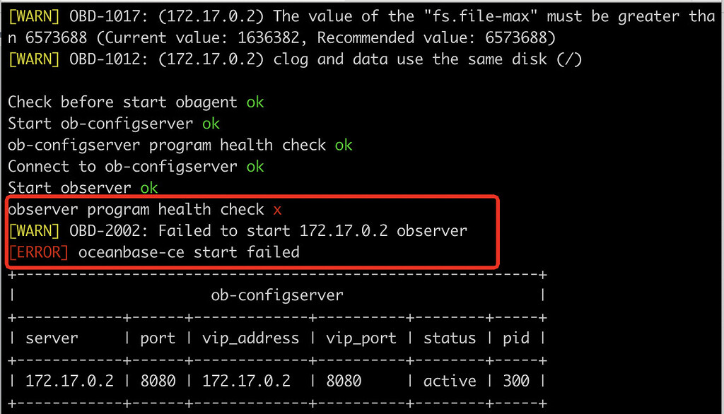 WARN] OBD-2002: Failed to start 172.17.0.2 observer